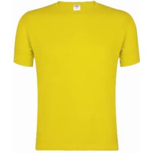 A bright yellow T-shirt featuring a classic crew neckline and short sleeves, with a label at the neck.