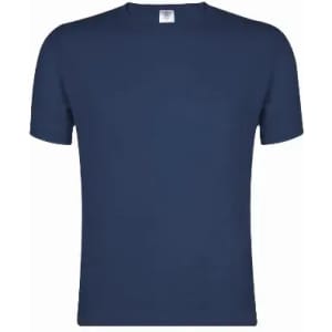 A short-sleeved navy blue t-shirt featuring a rounded neckline and a plain design. It includes a logo on the label.