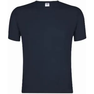 A navy blue short-sleeved t-shirt with a round neckline and a plain design. It features a label inside the collar.