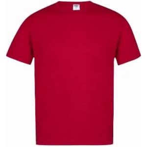 A red t-shirt featuring short sleeves and a crew neck, with a generic logo on the label.