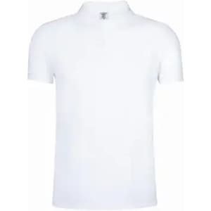 A plain white polo shirt featuring a collar and short sleeves, with a logo on the neckline.
