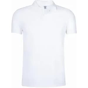 A white polo shirt with a classic collar and short sleeves, featuring a logo on the chest.