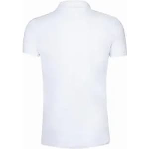 A white polo shirt with a plain back, featuring a collar and short sleeves. The shirt has a logo.