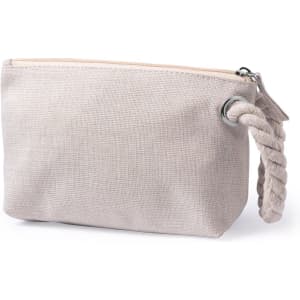A pouch with a zip closure, featuring a braided handle, in a light beige or neutral colour.