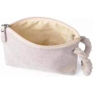 A small, light-coloured pouch made of fabric with a zip closure and a braided handle.