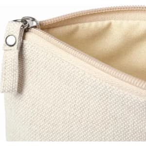 A cream zippered pouch featuring a textured fabric and a metal zipper pull.