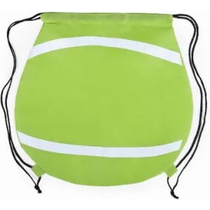 A drawstring bag in bright green with white stripes, featuring a simple design and two black cords.