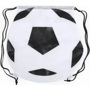 A drawstring bag designed like a soccer ball, featuring a black and white pattern. It has two black cords for closure.