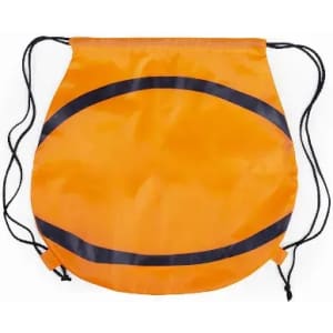 A drawstring bag in vibrant orange with black accents, featuring a round shape and adjustable cords.
