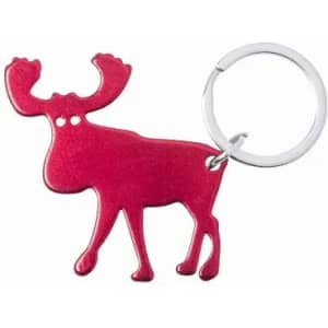 A red moose-shaped keyring with a silver keychain attachment. The moose features two small dots for eyes.