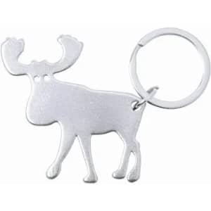 A keyring shaped like a moose in silver metal, featuring a round attachment loop.