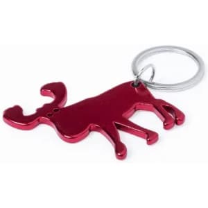 A red metal keyring shaped like a moose, attached to a silver keyring loop.