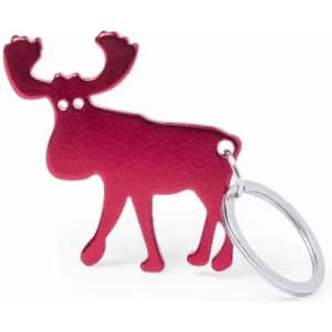 A red moose-shaped keyring with a silver keychain attached. The moose features small decorative details.