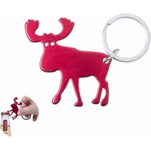 A red moose-shaped keyring with a silver keychain attachment.