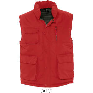 A red waterproof vest with multiple pockets and a peach skin exterior feel. Features a logo on the front.