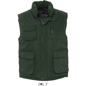 A green waterproof vest featuring multiple pockets and a soft exterior. It has a logo on the front.