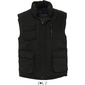 A black men's waterproof vest featuring multiple pockets and a peach skin exterior feel. It has a logo branding.
