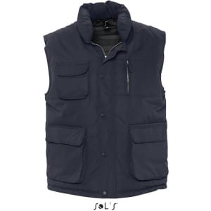 A navy blue waterproof vest featuring multiple pockets and a soft exterior, with a logo at the bottom.