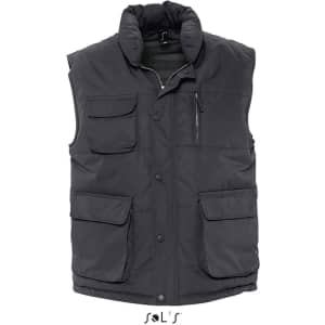 A waterproof men's vest in black with multiple pockets and a peach skin exterior feel, featuring a logo.