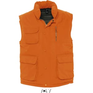 An orange men's vest with many pockets, featuring a peach skin exterior feel and a logo.