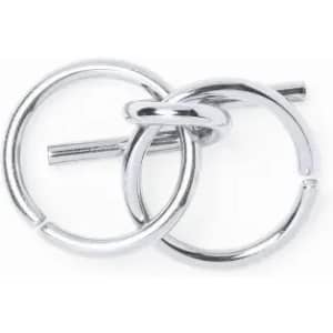 A silver metal keyring featuring a twisted design and a straight bar. It has a shiny, reflective surface.