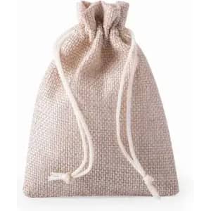 A drawstring bag in a light beige fabric with a textured appearance and a natural-coloured cord.