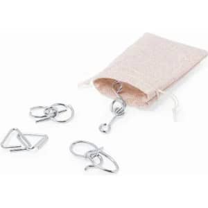 A small beige pouch containing various silver hooks and clips. The pouch is tied with a drawstring.