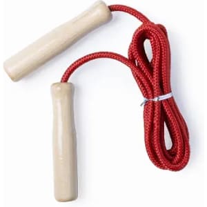 A skipping rope with wooden handles and a red braided rope. The handles are simple and natural in colour.