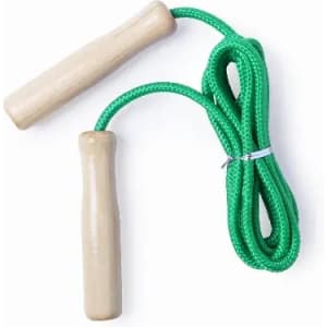 A skipping rope with wooden handles and a green rope. The design features a simple, classic style.