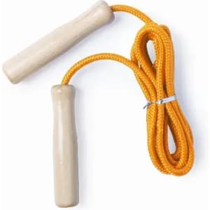 A jump rope with wooden handles and a bright orange rope. The handles are cylindrical and polished.