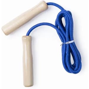 A skipping rope featuring wooden handles and a blue rope. Perfect for fitness activities.