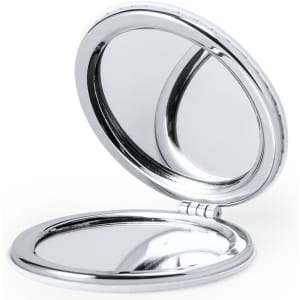 A compact mirror with a shiny silver exterior, featuring two reflective surfaces inside, open at an angle.