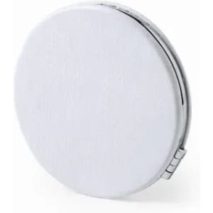 A round, white compact mirror with a smooth surface and a metal hinge. Features a simple design without visible branding.