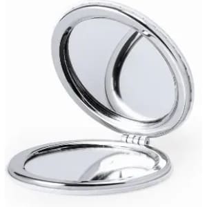 A compact mirror with a shiny silver finish, featuring a dual-sided reflective surface and a hinge for easy opening.