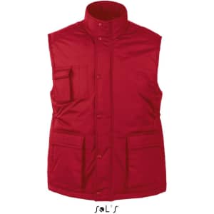 A red men's vest made from ripstop material, featuring multiple exterior pockets and a high collar.