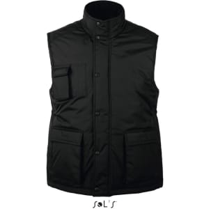 A black vest made from ripstop material featuring exterior pockets and a high collar, with a logo on the bottom.