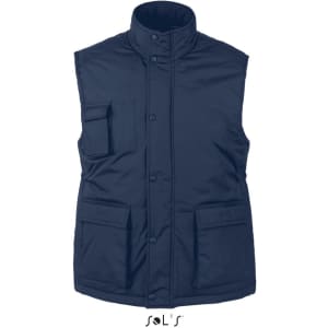 A navy men's vest made from ripstop material featuring exterior pockets and a high collar. It has a logo at the bottom.