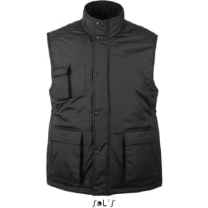 A black men's vest made from ripstop material, featuring exterior pockets and a high collar. It has a logo on the front.