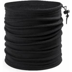 A black neck gaiter featuring a gathered design and a drawstring for adjustment. It has a simple branding logo.