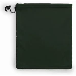 A green drawstring bag with a toggle closure, featuring a smooth fabric surface.