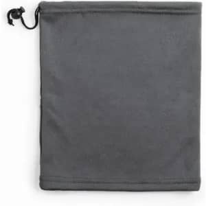 A grey drawstring pouch made of soft fabric, featuring a closure mechanism at the top.