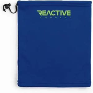 A blue drawstring pouch featuring a logo in green. The pouch has a cinch closure at the top.