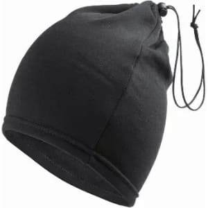 A black beanie hat featuring a drawstring for adjustable fit. The fabric appears soft and comfortable.