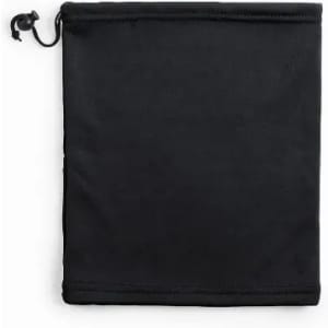 A black drawstring pouch made of fabric, featuring a cinch closure at the top.