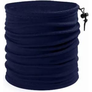 A navy neck gaiter with a gathered design and adjustable toggle for a snug fit. It features a logo.