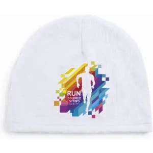 A white beanie featuring a vibrant graphic design with a runner and colourful stripes. It has a logo on it.