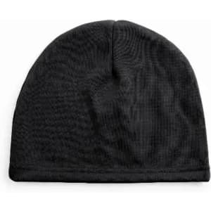 A black beanie hat with a textured pattern, featuring a rolled edge at the bottom. It has no visible branding.
