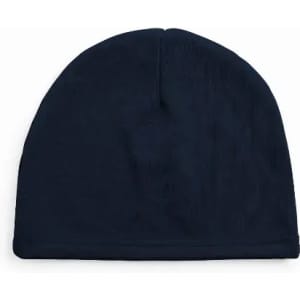 A navy blue beanie hat made from a soft material, featuring a simple, seamless design.