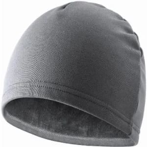 A grey beanie made of soft fabric, showcasing a smooth texture and snug fit. It features a simple, unbranded design.