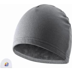 A grey beanie with a smooth texture and a logo at the bottom left corner.
